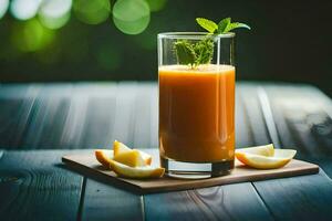 a glass of orange juice with mint leaves on a wooden table. AI-Generated photo