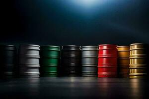 a row of colorful barrels on a dark background. AI-Generated photo