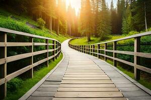 a wooden walkway in the middle of a forest. AI-Generated photo