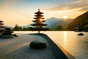 a pagoda sits on the shore of a lake with rocks and mountains in the background. AI-Generated photo