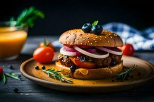 a hamburger with tomatoes, onions and herbs on a plate. AI-Generated photo