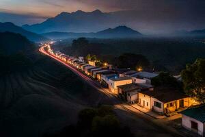 a train runs along a road in the mountains at dusk. AI-Generated photo