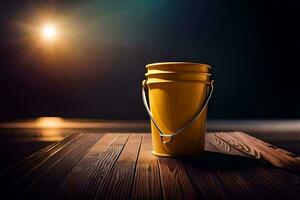 a yellow bucket on a wooden table in front of a bright light. AI-Generated photo