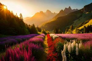 the sun rises over a field of flowers and mountains. AI-Generated photo