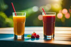 two glasses of juice with berries on a table. AI-Generated photo