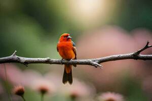 a red bird sits on a branch in front of a blurry background. AI-Generated photo