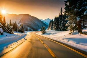 a snowy road in the mountains with the sun setting. AI-Generated photo