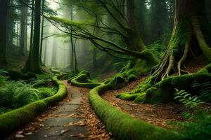 un camino mediante un bosque con cubierto de musgo arboles generado por ai foto