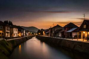 a canal in the middle of a town at sunset. AI-Generated photo