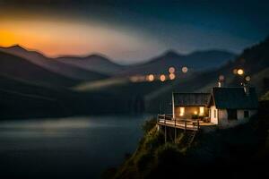 un casa en un colina con vista a un lago. generado por ai foto