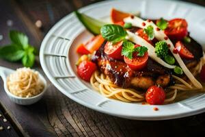 a plate of spaghetti with chicken and vegetables. AI-Generated photo