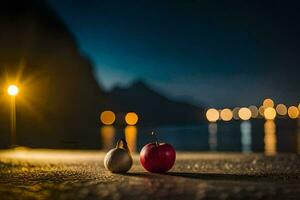 two apples sit on the ground in front of a lake. AI-Generated photo