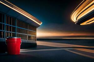 a red bucket sits in front of a building. AI-Generated photo