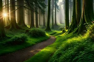 a path through a forest with trees and grass. AI-Generated photo
