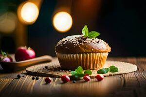 a cupcake with cinnamon and mint on a wooden table. AI-Generated photo