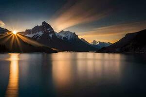 el Dom brilla terminado un montaña rango y un lago. generado por ai foto