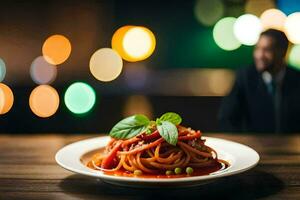 a man in a suit is sitting at a table with a plate of spaghetti. AI-Generated photo