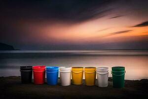 five colorful buckets sit on the beach at sunset. AI-Generated photo