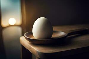 an egg on a wooden spoon on a table. AI-Generated photo