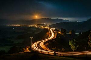 un largo exposición foto de un autopista a noche. generado por ai