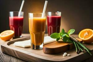 three glasses of juice on a wooden tray. AI-Generated photo