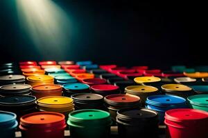 many colorful plastic cups are arranged in a row. AI-Generated photo