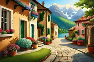 a cartoon painting of a street with flowers and houses. AI-Generated photo