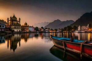 a boat sits on the water at sunset in india. AI-Generated photo