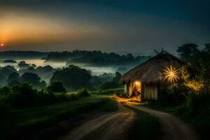 a hut sits on the side of a road at sunrise. AI-Generated photo