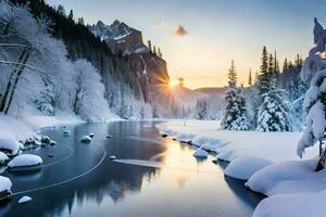 un río en el nieve con arboles y nieve. generado por ai foto