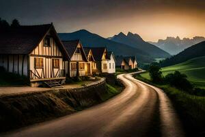 foto fondo de pantalla el cielo, camino, montañas, casas, camino, el camino, el camino,. generado por ai