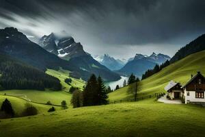 a house in the mountains with a cloudy sky. AI-Generated photo