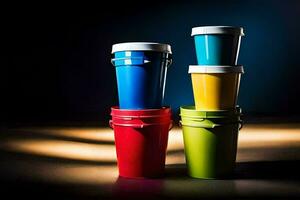 a stack of colorful plastic cups on a dark background. AI-Generated photo