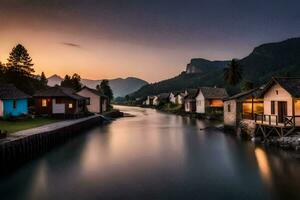 un río carreras mediante un pueblo a puesta de sol. generado por ai foto