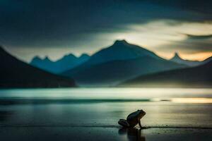 un rana se sienta en el apuntalar de un lago a puesta de sol. generado por ai foto