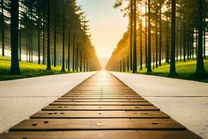 a long wooden path leading to the sun. AI-Generated photo