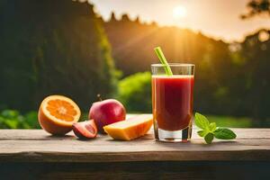 un vaso de jugo con Fruta y vegetales. generado por ai foto