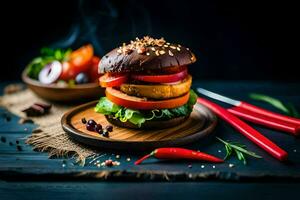 a burger with vegetables and spices on a wooden board. AI-Generated photo