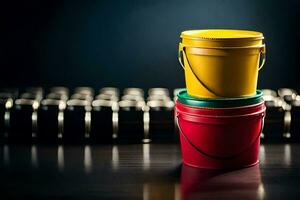 a stack of three colorful buckets on a dark table. AI-Generated photo