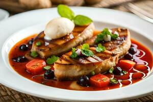 grilled salmon with a tomato sauce and a cherry on top. AI-Generated photo