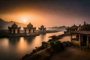 el Dom sube terminado un río en India. generado por ai foto