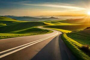 el Dom sube terminado un la carretera en el medio de un verde campo. generado por ai foto