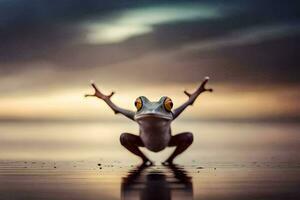a frog standing on its hind legs with its arms outstretched. AI-Generated photo