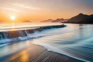 un puesta de sol terminado el Oceano con olas estrellarse dentro el costa. generado por ai foto