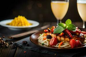 a plate of food with pasta, tomatoes and strawberries. AI-Generated photo