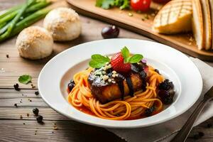 spaghetti with meatballs and tomato sauce on a wooden table. AI-Generated photo