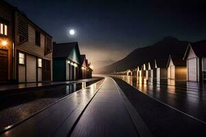 a long row of houses at night with a full moon. AI-Generated photo