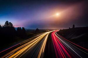 largo exposición de tráfico en un autopista a noche. generado por ai foto