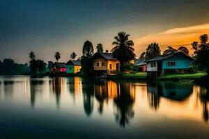 colorful houses on the water at sunset. AI-Generated photo