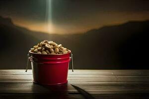 a red bucket filled with peanuts on a table. AI-Generated photo